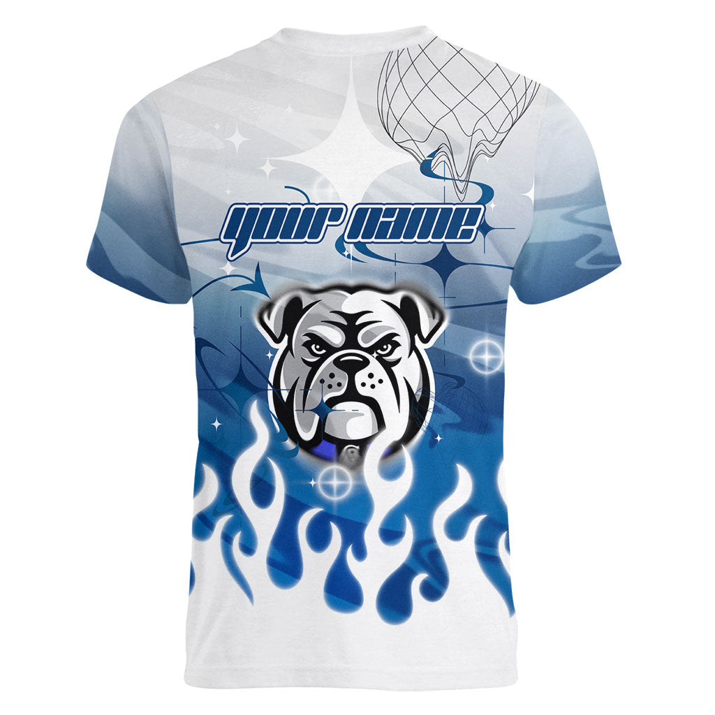Personalized Canterbury Bankstown Bulldogs Women V-Neck T-Shirt Y2K Grunge Aesthetic With Cyber Flames and Starburst Graphics