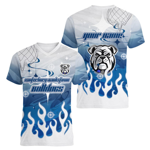 Personalized Canterbury Bankstown Bulldogs Women V-Neck T-Shirt Y2K Grunge Aesthetic With Cyber Flames and Starburst Graphics
