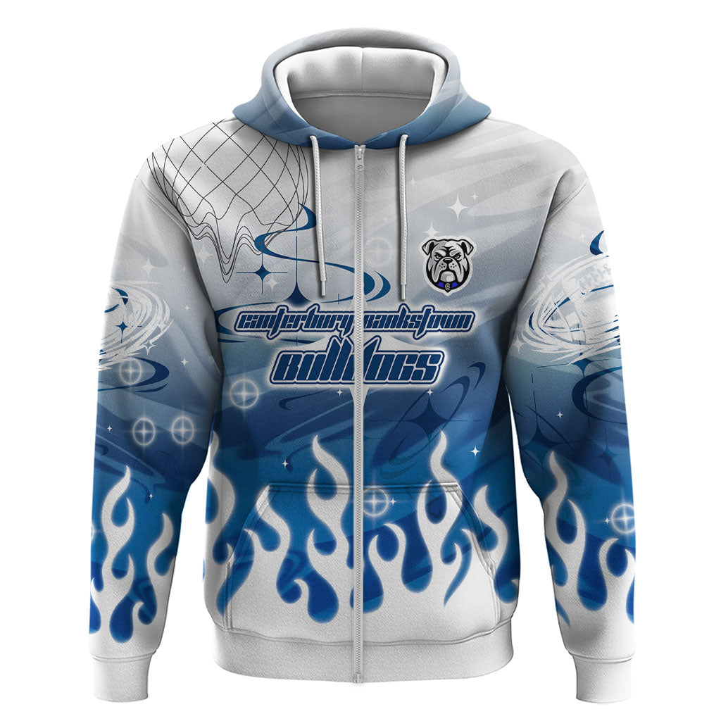 Personalized Canterbury Bankstown Bulldogs Zip Hoodie Y2K Grunge Aesthetic With Cyber Flames and Starburst Graphics