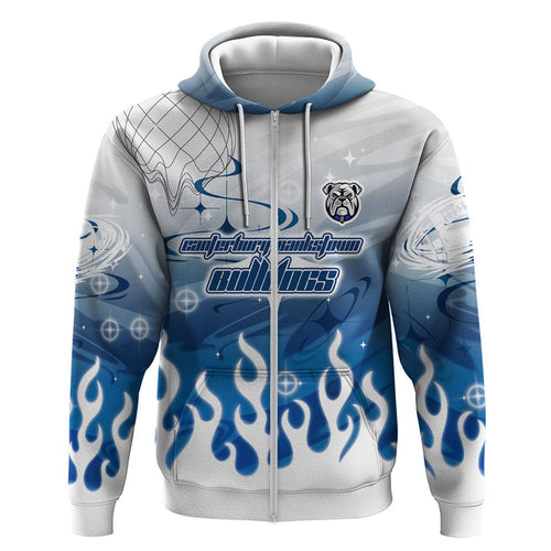 Personalized Canterbury Bankstown Bulldogs Zip Hoodie Y2K Grunge Aesthetic With Cyber Flames and Starburst Graphics