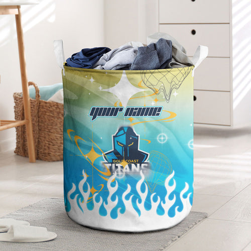 Personalized Gold Coast Titans Laundry Basket Y2K Grunge Aesthetic With Cyber Flames and Starburst Graphics