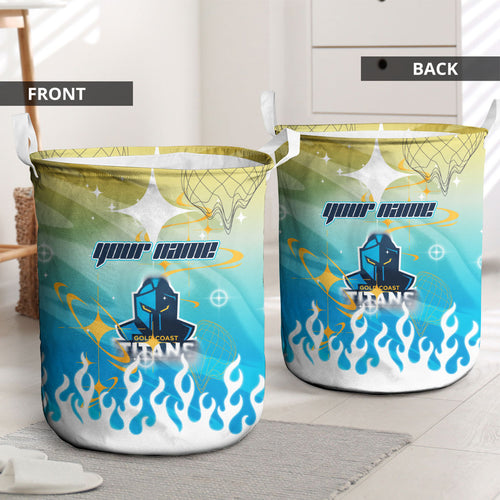 Personalized Gold Coast Titans Laundry Basket Y2K Grunge Aesthetic With Cyber Flames and Starburst Graphics