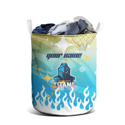Personalized Gold Coast Titans Laundry Basket Y2K Grunge Aesthetic With Cyber Flames and Starburst Graphics