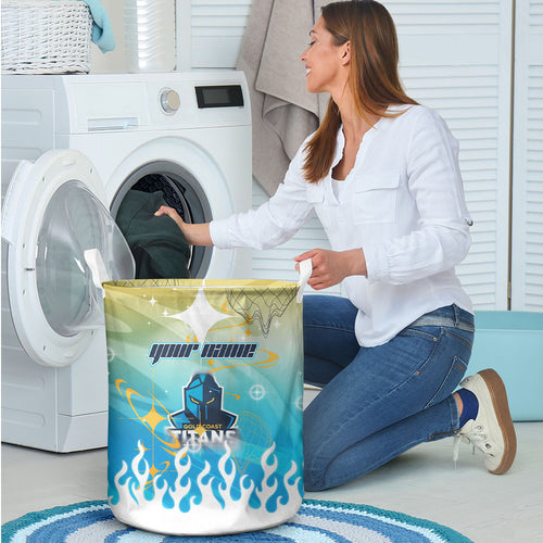 Personalized Gold Coast Titans Laundry Basket Y2K Grunge Aesthetic With Cyber Flames and Starburst Graphics