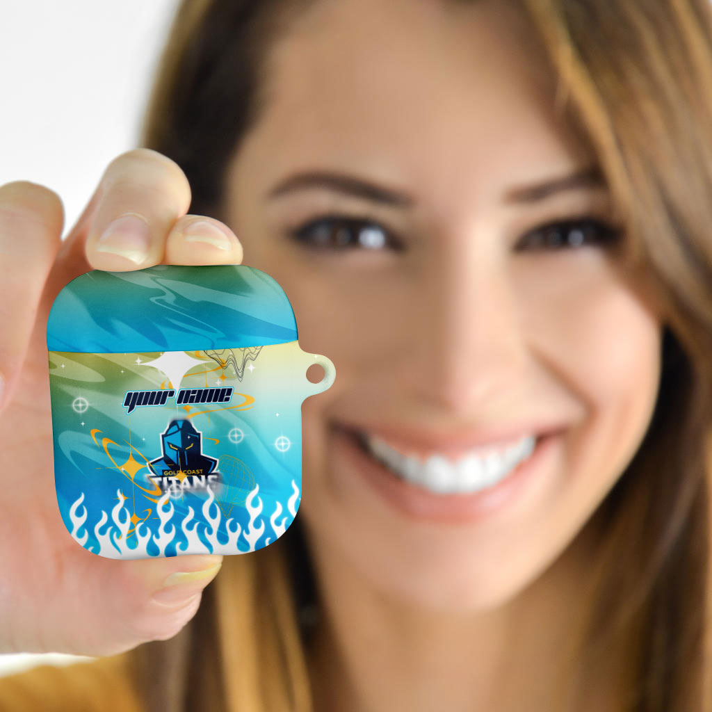 Personalized Gold Coast Titans AirPods Case Y2K Grunge Aesthetic With Cyber Flames and Starburst Graphics