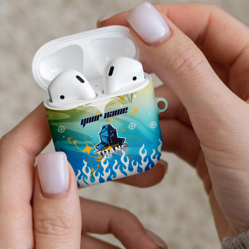 Personalized Gold Coast Titans AirPods Case Y2K Grunge Aesthetic With Cyber Flames and Starburst Graphics