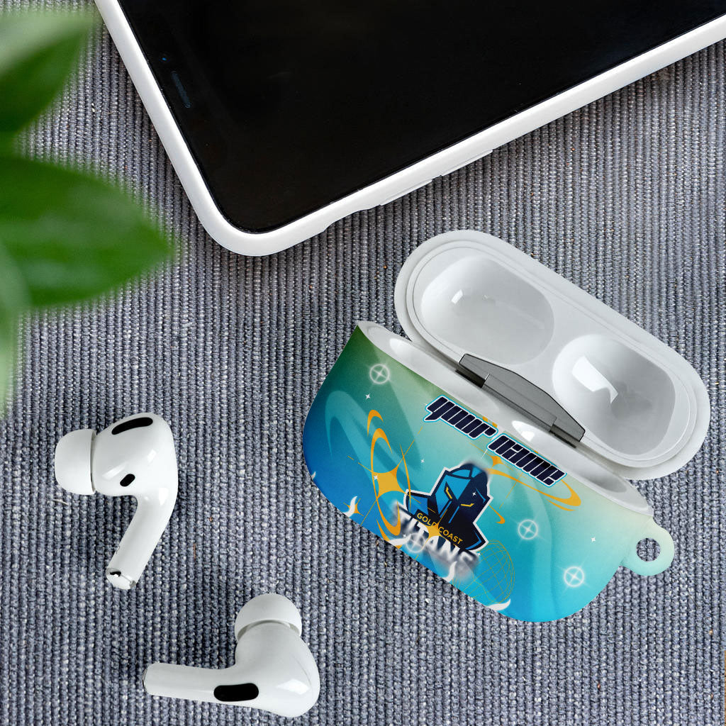 Personalized Gold Coast Titans AirPods Case Y2K Grunge Aesthetic With Cyber Flames and Starburst Graphics