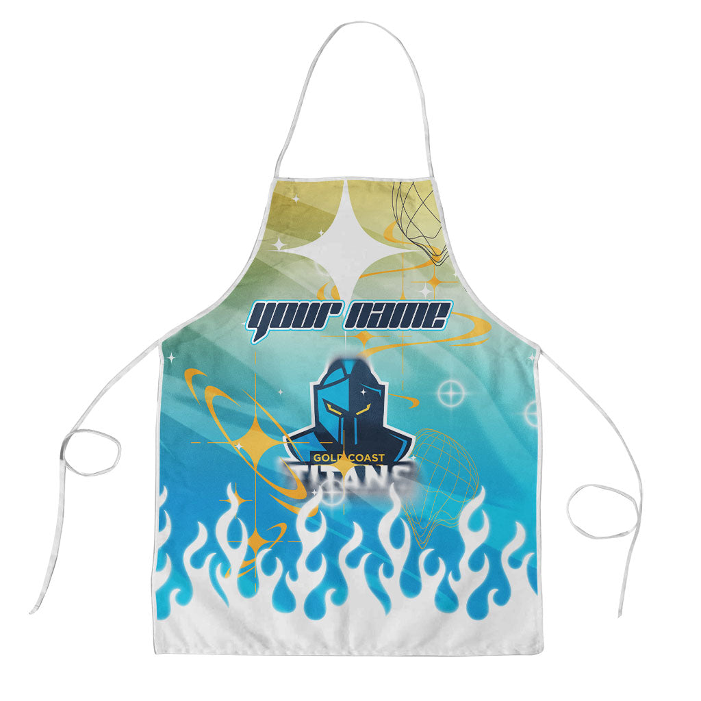 Personalized Gold Coast Titans Apron Y2K Grunge Aesthetic With Cyber Flames and Starburst Graphics