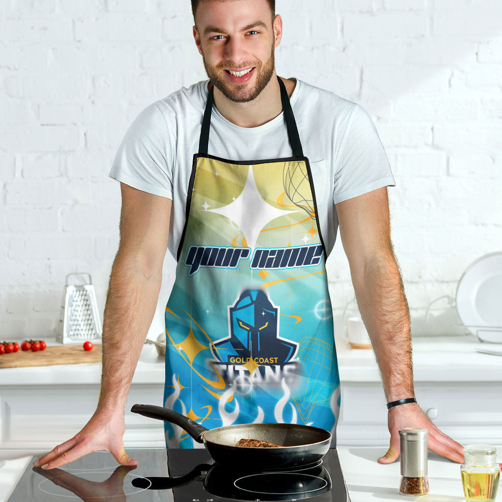 Personalized Gold Coast Titans Apron Y2K Grunge Aesthetic With Cyber Flames and Starburst Graphics