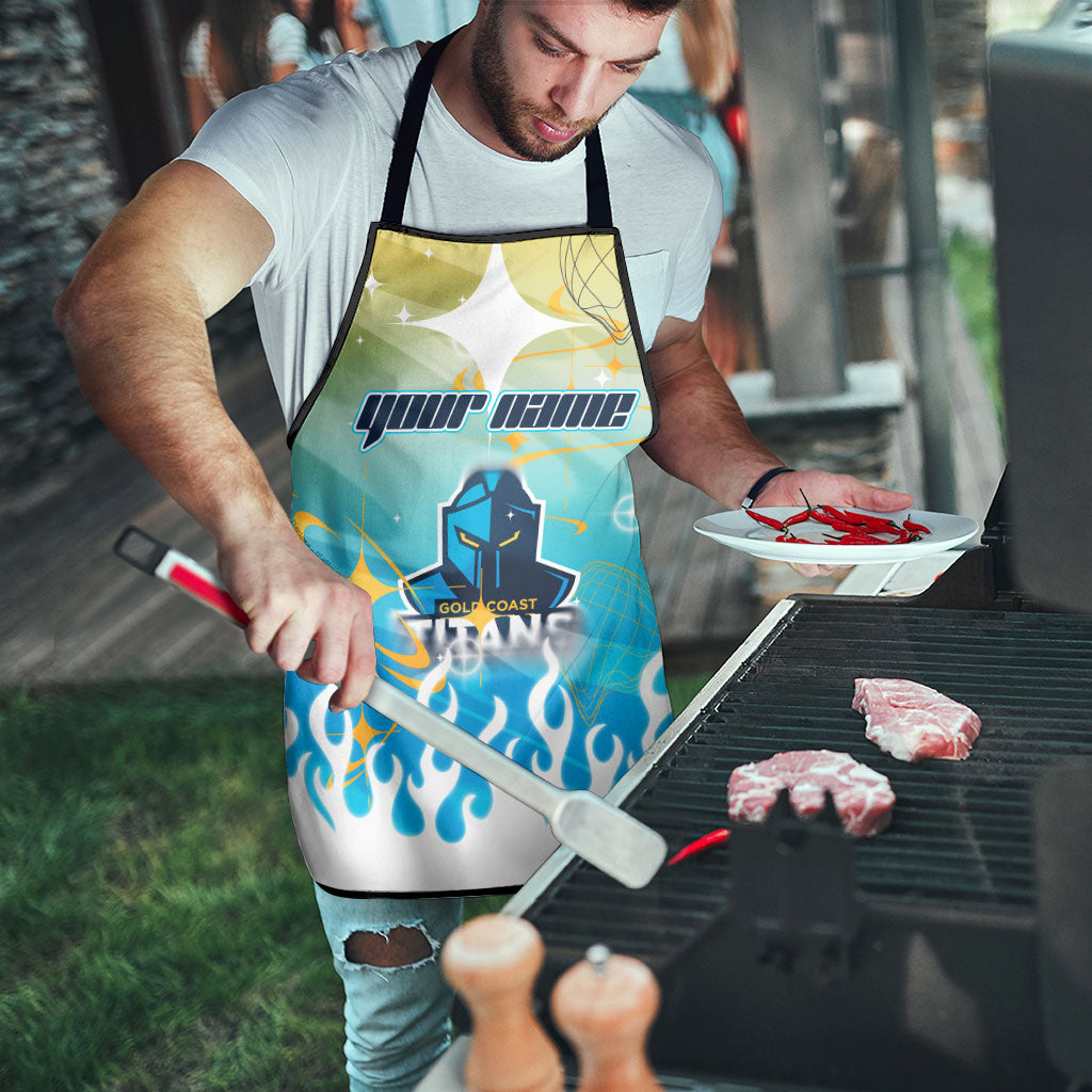 Personalized Gold Coast Titans Apron Y2K Grunge Aesthetic With Cyber Flames and Starburst Graphics