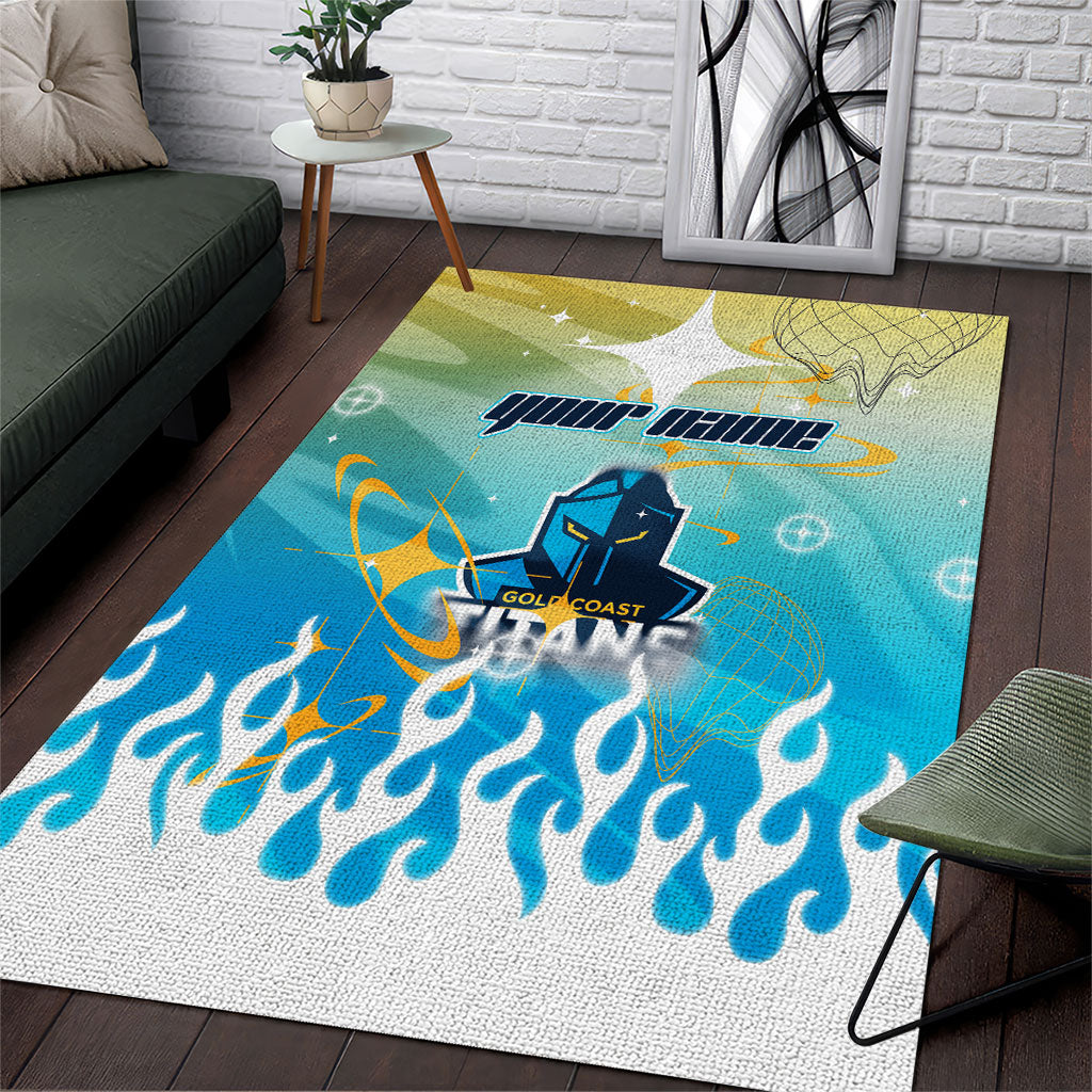 Personalized Gold Coast Titans Area Rug Y2K Grunge Aesthetic With Cyber Flames and Starburst Graphics