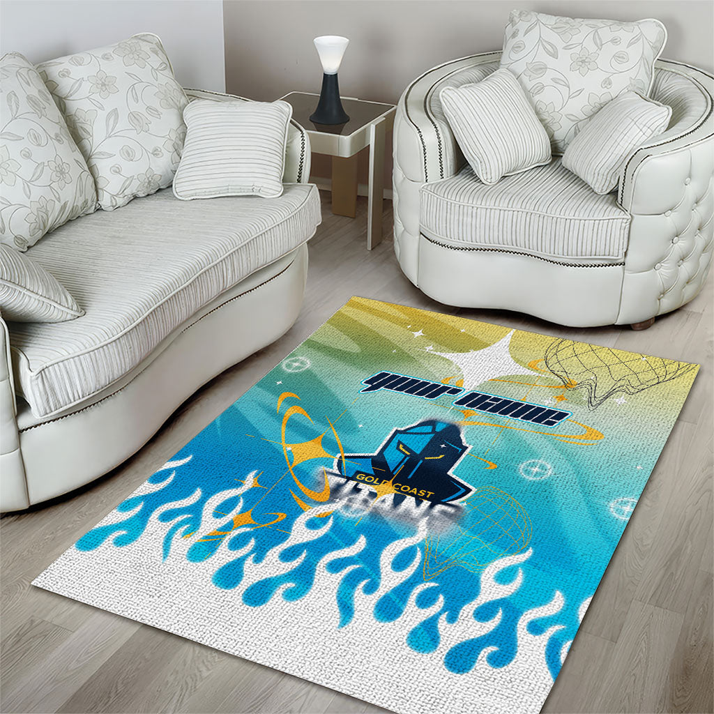 Personalized Gold Coast Titans Area Rug Y2K Grunge Aesthetic With Cyber Flames and Starburst Graphics