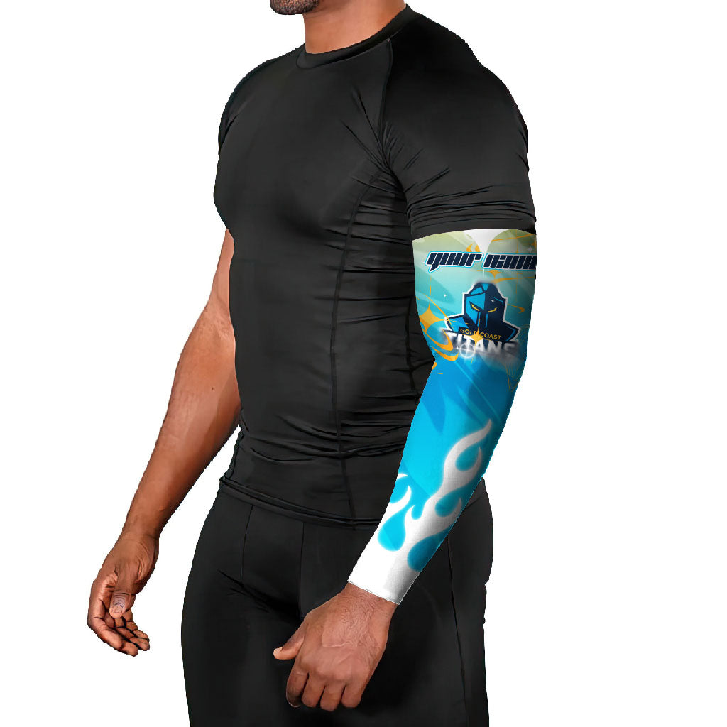 Personalized Gold Coast Titans Arm Sleeves Y2K Grunge Aesthetic With Cyber Flames and Starburst Graphics