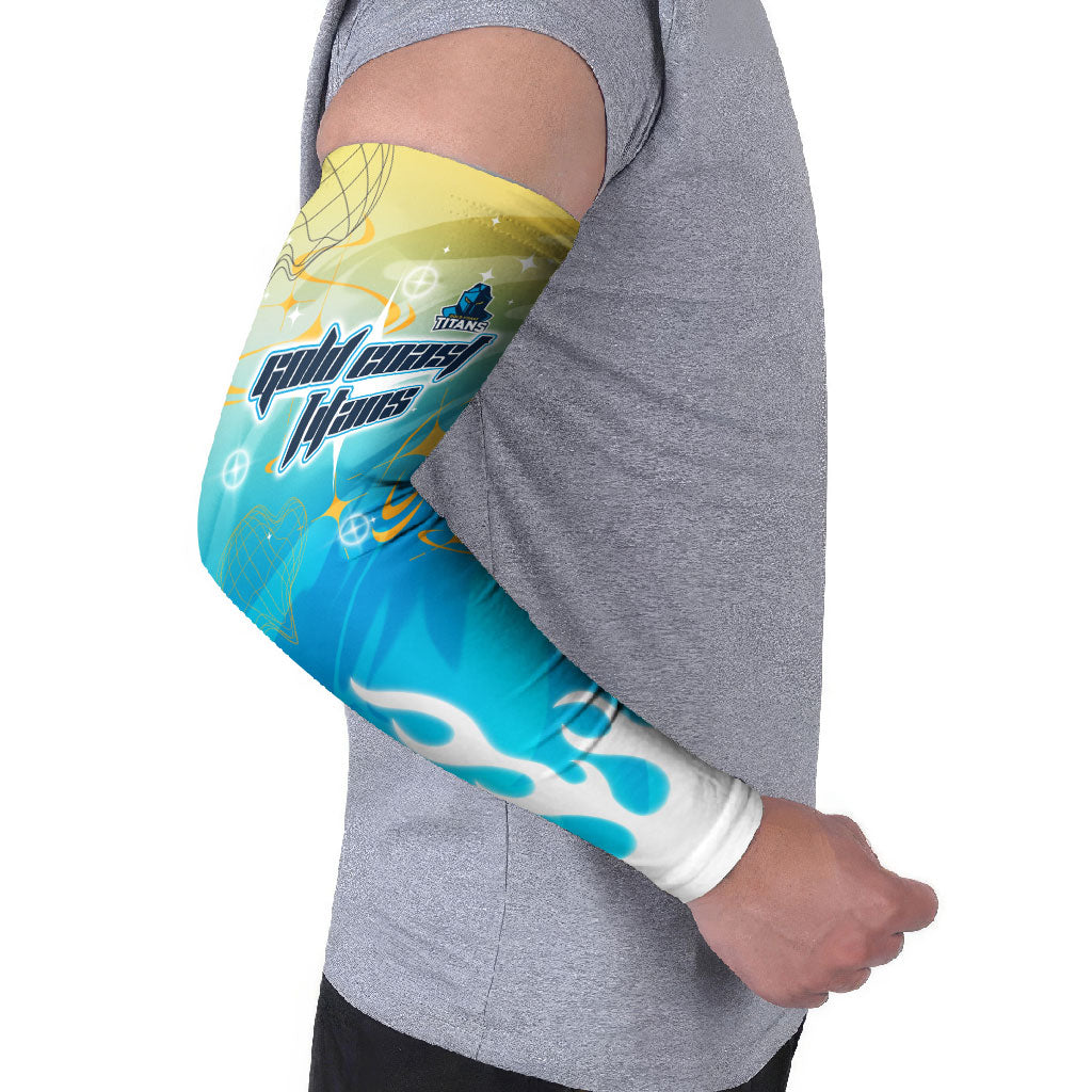 Personalized Gold Coast Titans Arm Sleeves Y2K Grunge Aesthetic With Cyber Flames and Starburst Graphics