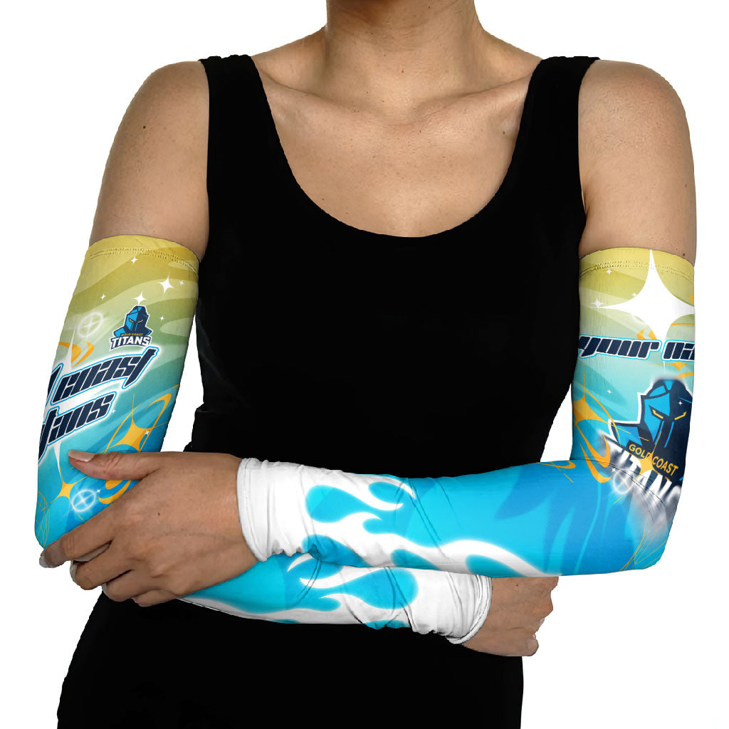 Personalized Gold Coast Titans Arm Sleeves Y2K Grunge Aesthetic With Cyber Flames and Starburst Graphics