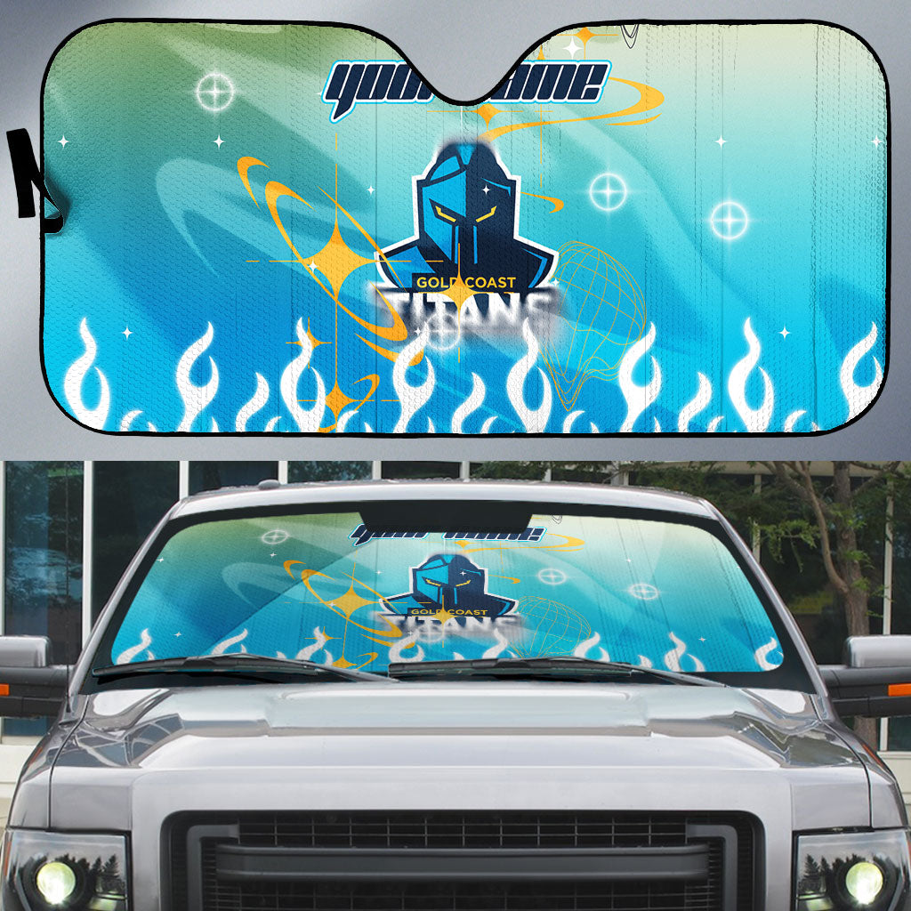 Personalized Gold Coast Titans Auto Sun Shade Y2K Grunge Aesthetic With Cyber Flames and Starburst Graphics