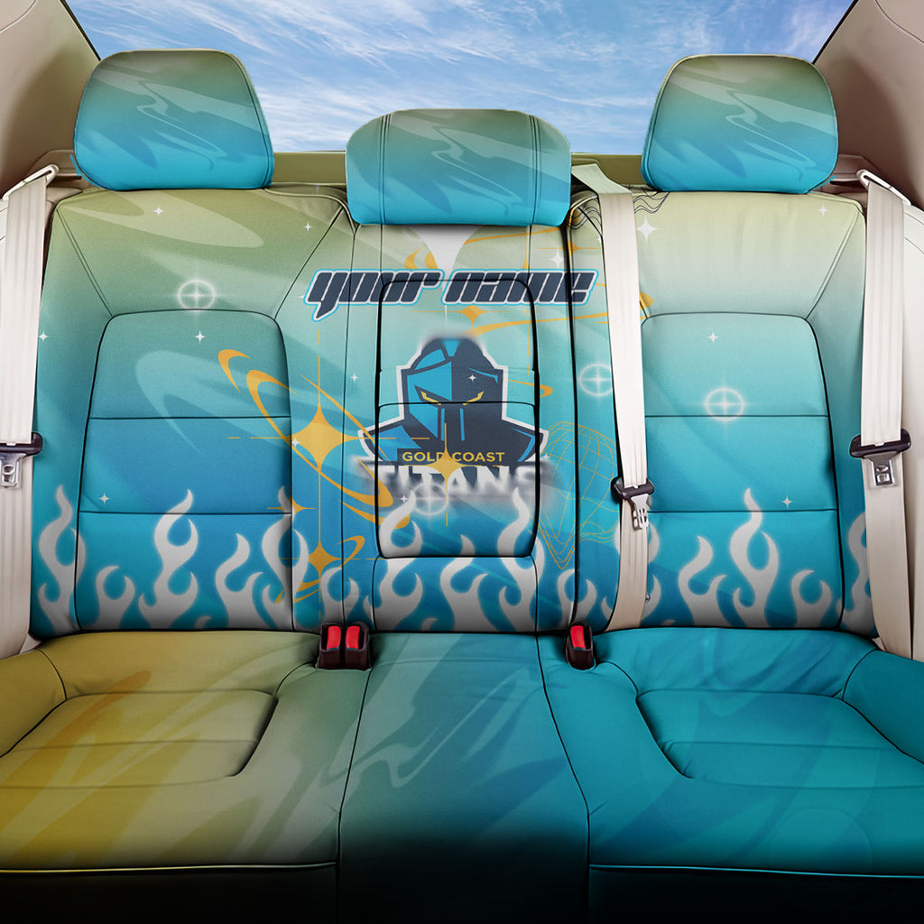 Personalized Gold Coast Titans Back Car Seat Cover Y2K Grunge Aesthetic With Cyber Flames and Starburst Graphics