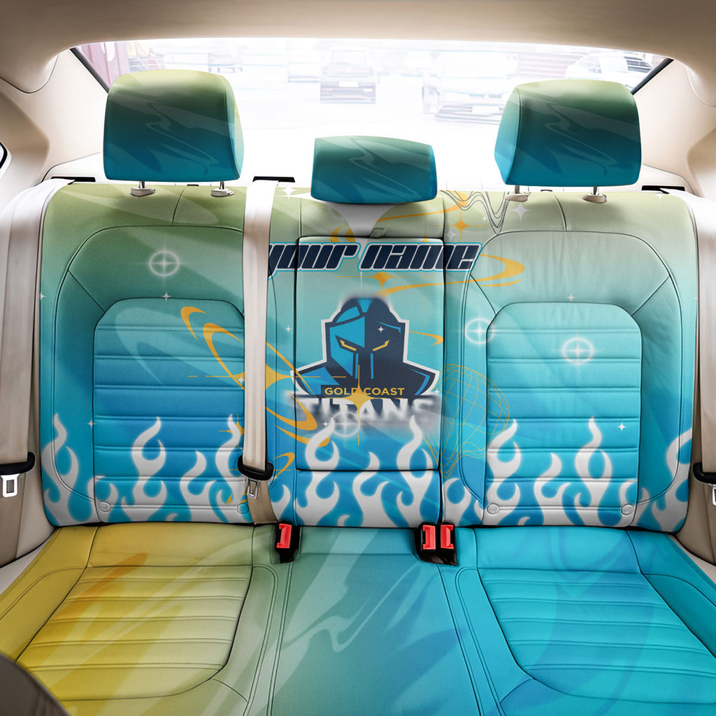 Personalized Gold Coast Titans Back Car Seat Cover Y2K Grunge Aesthetic With Cyber Flames and Starburst Graphics