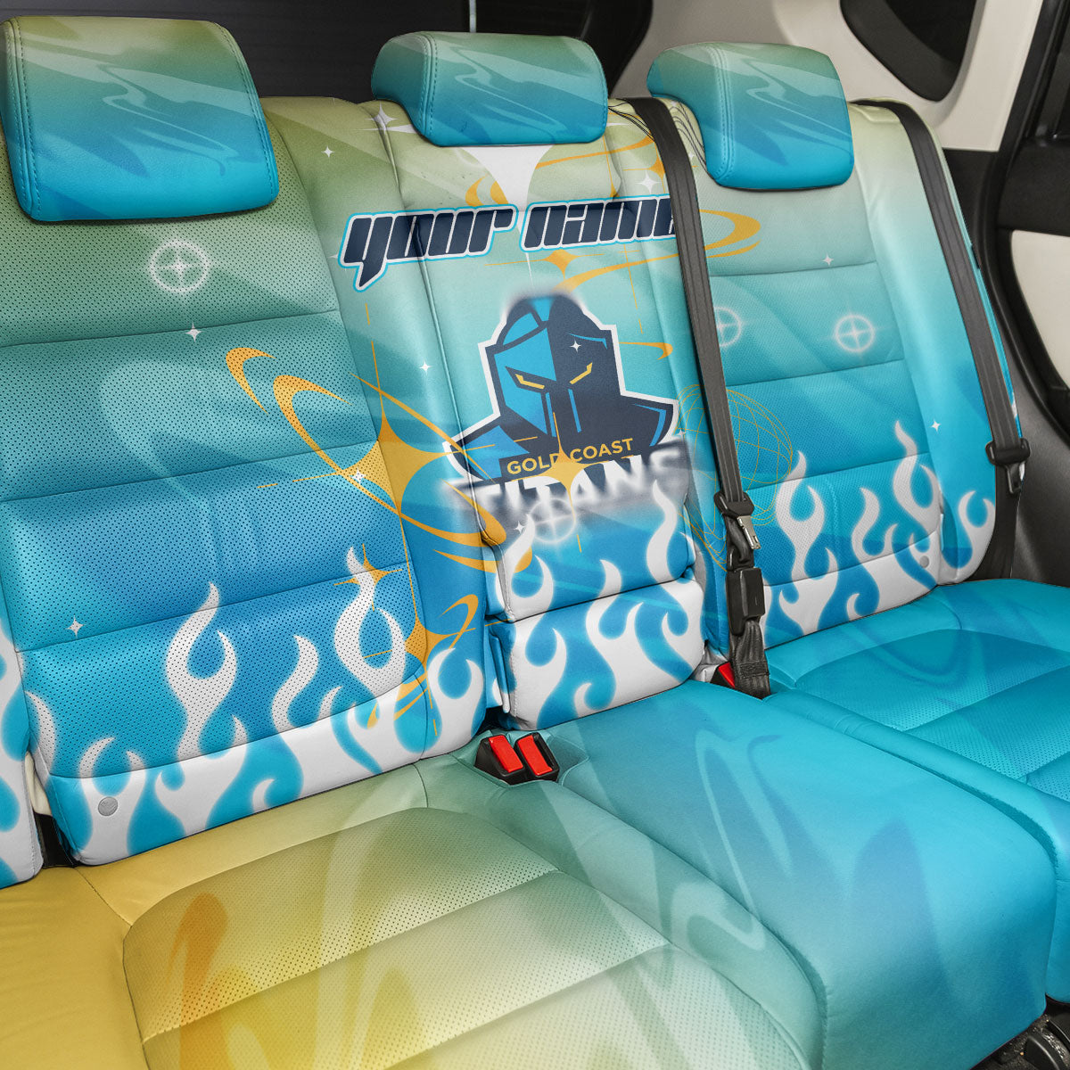 Personalized Gold Coast Titans Back Car Seat Cover Y2K Grunge Aesthetic With Cyber Flames and Starburst Graphics