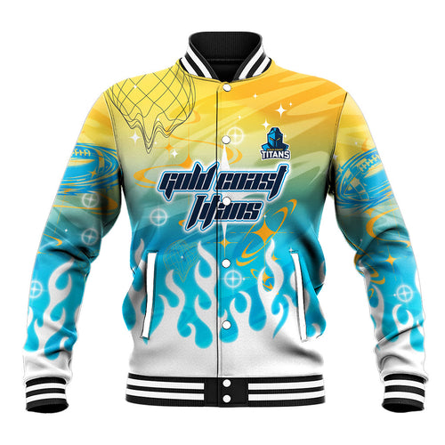 Personalized Gold Coast Titans Baseball Jacket Y2K Grunge Aesthetic With Cyber Flames and Starburst Graphics