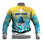 Personalized Gold Coast Titans Baseball Jacket Y2K Grunge Aesthetic With Cyber Flames and Starburst Graphics