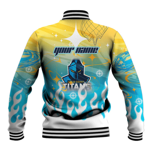 Personalized Gold Coast Titans Baseball Jacket Y2K Grunge Aesthetic With Cyber Flames and Starburst Graphics