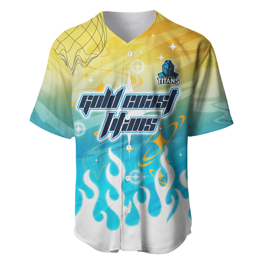 Personalized Gold Coast Titans Baseball Jersey Y2K Grunge Aesthetic With Cyber Flames and Starburst Graphics