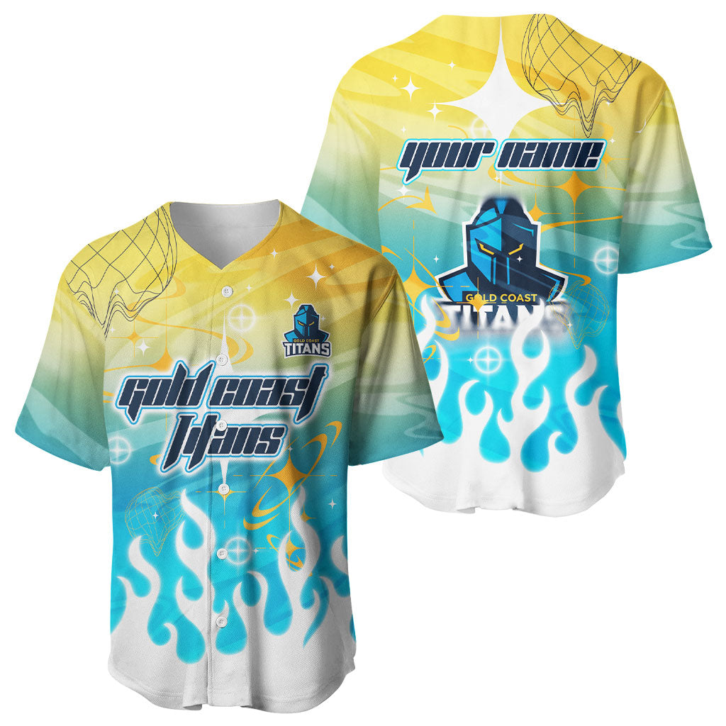 Personalized Gold Coast Titans Baseball Jersey Y2K Grunge Aesthetic With Cyber Flames and Starburst Graphics