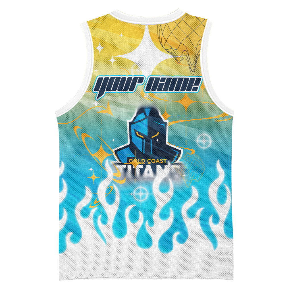 Personalized Gold Coast Titans Basketball Jersey Y2K Grunge Aesthetic With Cyber Flames and Starburst Graphics