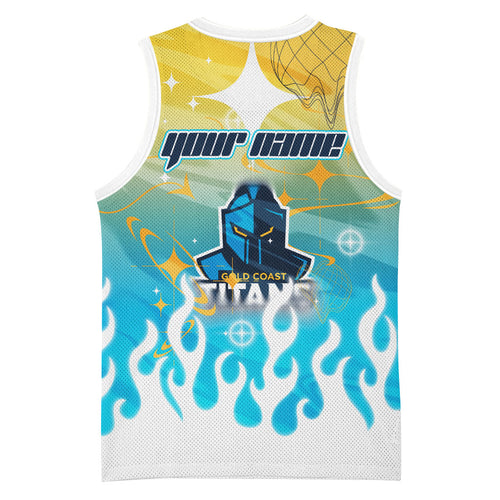 Personalized Gold Coast Titans Basketball Jersey Y2K Grunge Aesthetic With Cyber Flames and Starburst Graphics