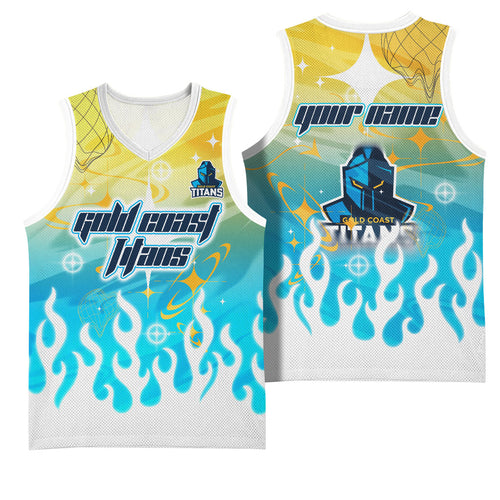 Personalized Gold Coast Titans Basketball Jersey Y2K Grunge Aesthetic With Cyber Flames and Starburst Graphics
