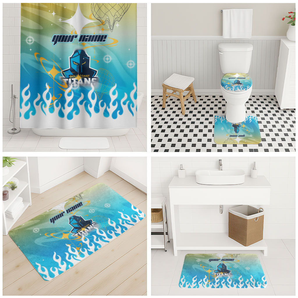 Personalized Gold Coast Titans Bathroom Set Y2K Grunge Aesthetic With Cyber Flames and Starburst Graphics