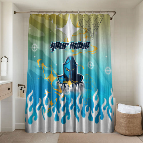 Personalized Gold Coast Titans Bathroom Set Y2K Grunge Aesthetic With Cyber Flames and Starburst Graphics