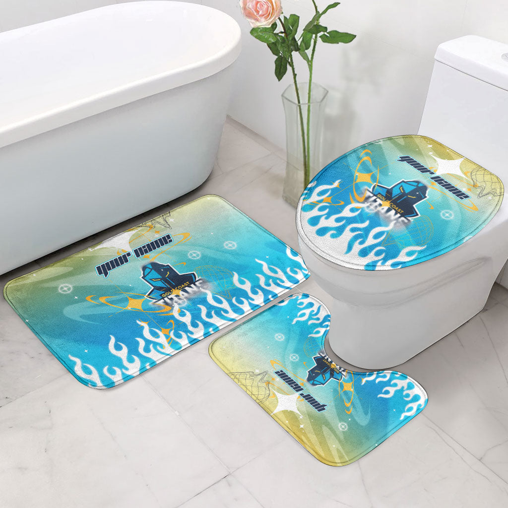 Personalized Gold Coast Titans Bathroom Set Y2K Grunge Aesthetic With Cyber Flames and Starburst Graphics