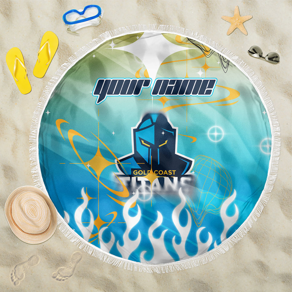 Personalized Gold Coast Titans Beach Blanket Y2K Grunge Aesthetic With Cyber Flames and Starburst Graphics