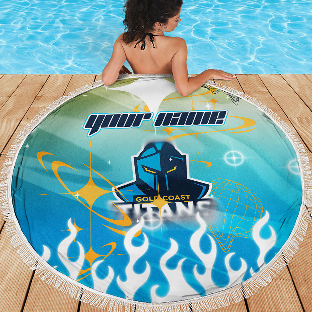 Personalized Gold Coast Titans Beach Blanket Y2K Grunge Aesthetic With Cyber Flames and Starburst Graphics