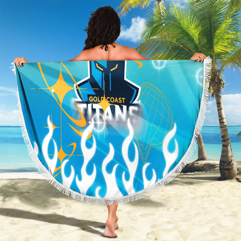 Personalized Gold Coast Titans Beach Blanket Y2K Grunge Aesthetic With Cyber Flames and Starburst Graphics