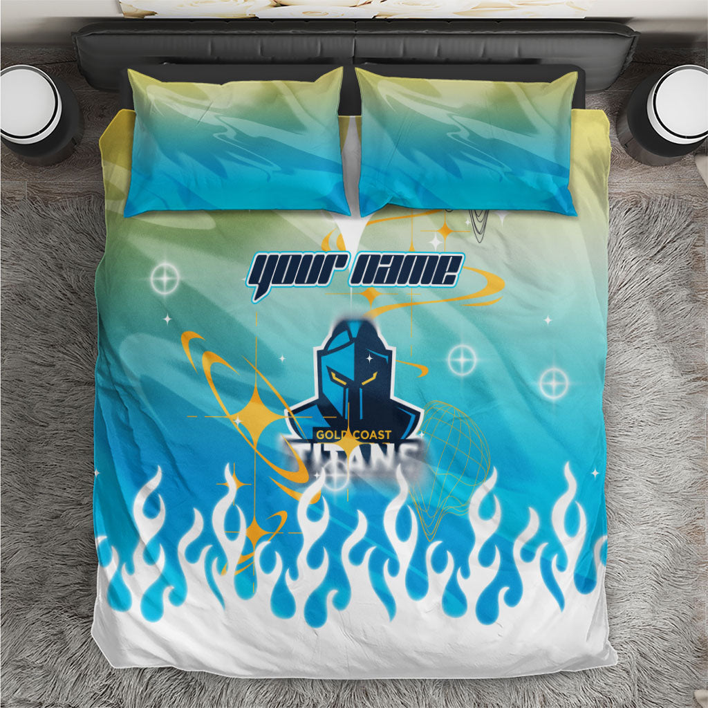 Personalized Gold Coast Titans Bedding Set Y2K Grunge Aesthetic With Cyber Flames and Starburst Graphics