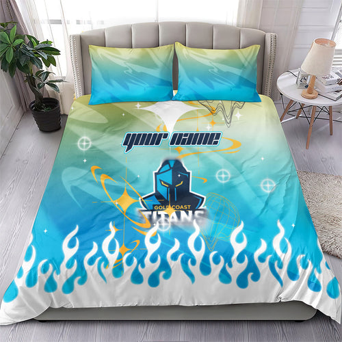Personalized Gold Coast Titans Bedding Set Y2K Grunge Aesthetic With Cyber Flames and Starburst Graphics