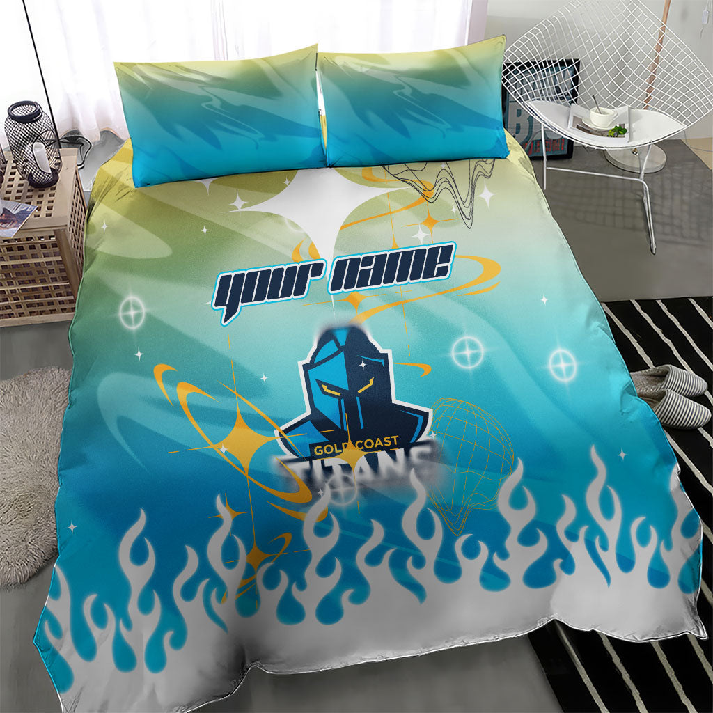 Personalized Gold Coast Titans Bedding Set Y2K Grunge Aesthetic With Cyber Flames and Starburst Graphics