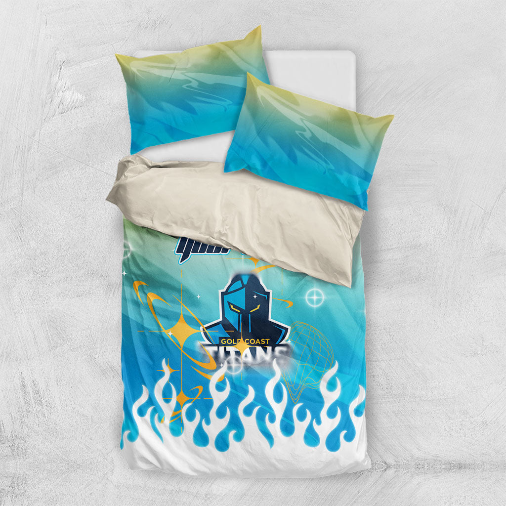 Personalized Gold Coast Titans Bedding Set Y2K Grunge Aesthetic With Cyber Flames and Starburst Graphics