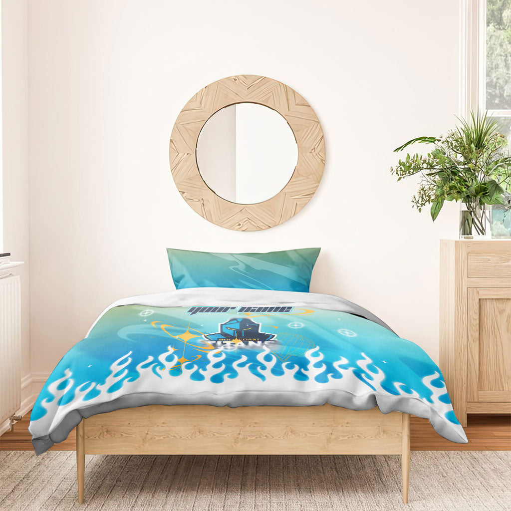 Personalized Gold Coast Titans Bedding Set Y2K Grunge Aesthetic With Cyber Flames and Starburst Graphics