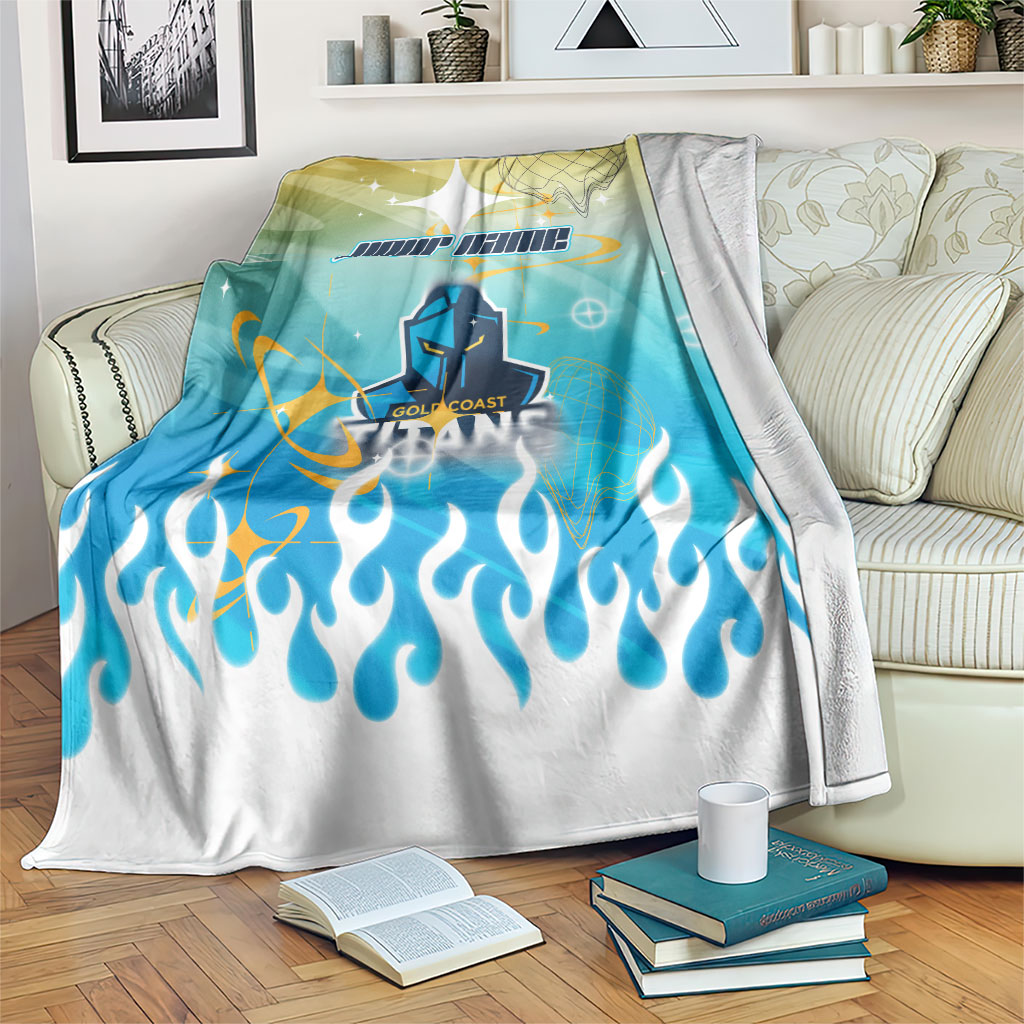 Personalized Gold Coast Titans Blanket Y2K Grunge Aesthetic With Cyber Flames and Starburst Graphics