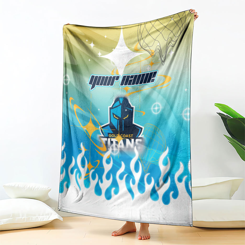 Personalized Gold Coast Titans Blanket Y2K Grunge Aesthetic With Cyber Flames and Starburst Graphics