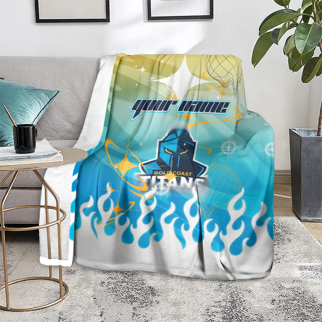 Personalized Gold Coast Titans Blanket Y2K Grunge Aesthetic With Cyber Flames and Starburst Graphics