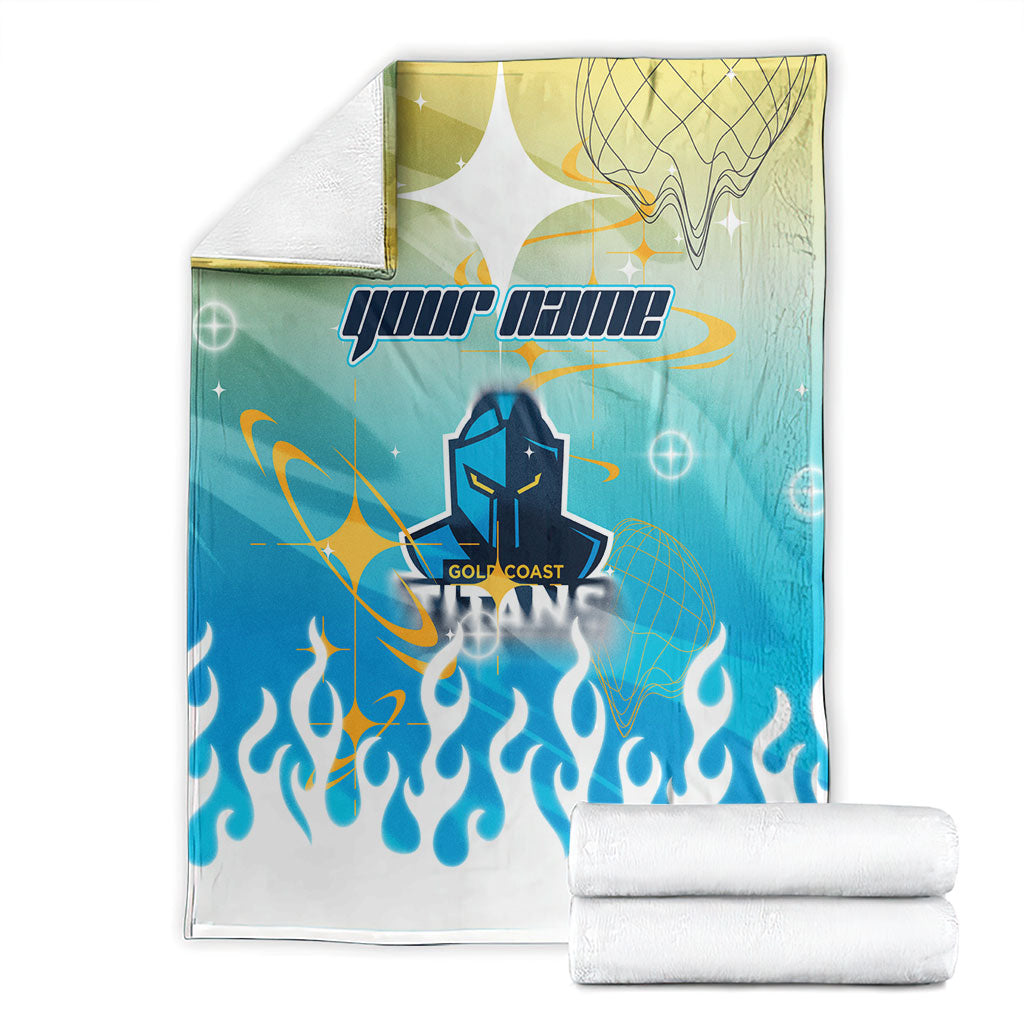 Personalized Gold Coast Titans Blanket Y2K Grunge Aesthetic With Cyber Flames and Starburst Graphics