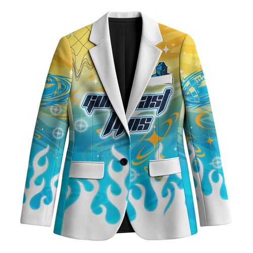Personalized Gold Coast Titans Blazer Y2K Grunge Aesthetic With Cyber Flames and Starburst Graphics