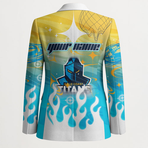 Personalized Gold Coast Titans Blazer Y2K Grunge Aesthetic With Cyber Flames and Starburst Graphics
