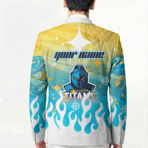 Personalized Gold Coast Titans Blazer Y2K Grunge Aesthetic With Cyber Flames and Starburst Graphics