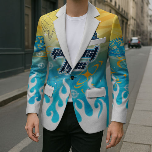 Personalized Gold Coast Titans Blazer Y2K Grunge Aesthetic With Cyber Flames and Starburst Graphics